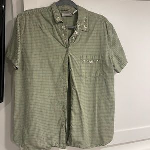Green and white plaid button down shirt